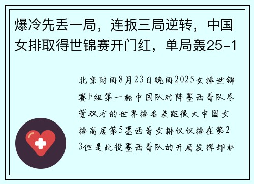 爆冷先丢一局，连扳三局逆转，中国女排取得世锦赛开门红，单局轰25-10！